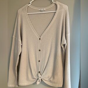 Cream Button-Down Waffle Knit Top